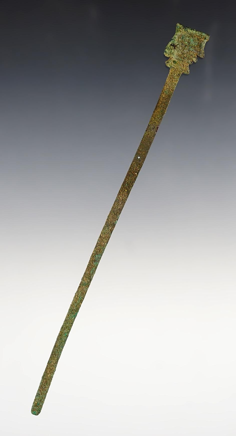 Rare 6 7/16" Pre-Columbian Human Effigy Hairpin made from patinated Copper. Mexico.