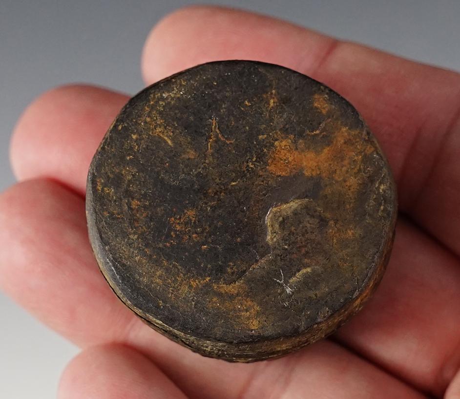 1 1/2" Cannel Coal Game Disc - Fox Field Sit, Mason Co., Kentucky. Broken and glued.