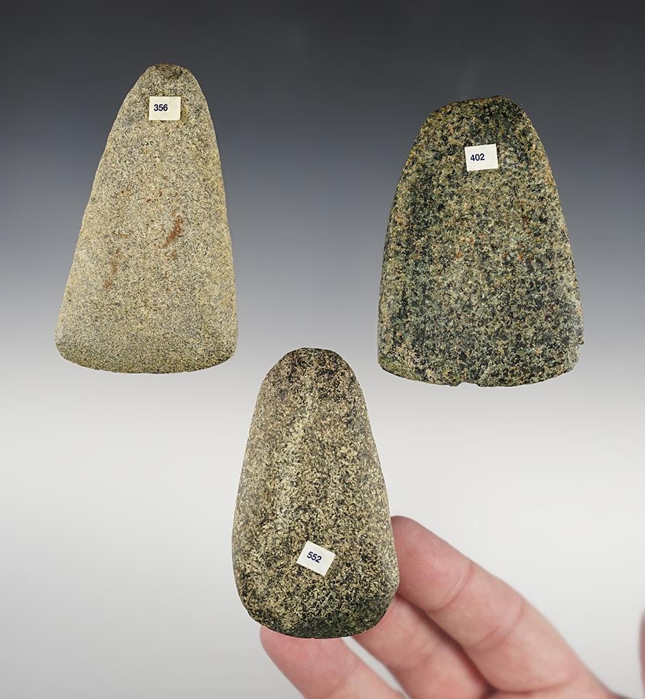 Set of 3 Hardstone Adzes found in Ohio and Indiana. The largest is 3 1/4".