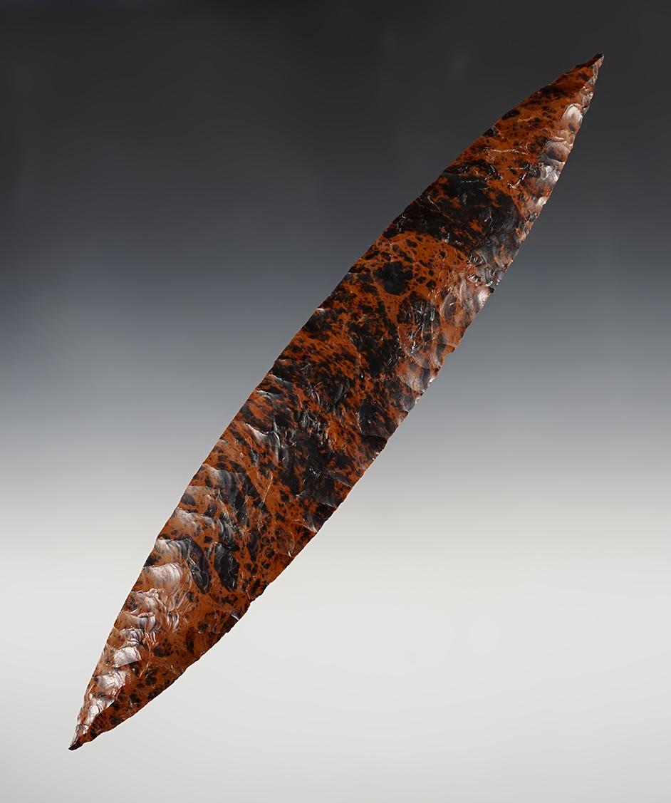 Huge 10 1/4" Colima Bi-Pointed Knife made from Mahogany Obsidian. Southern Mexico.