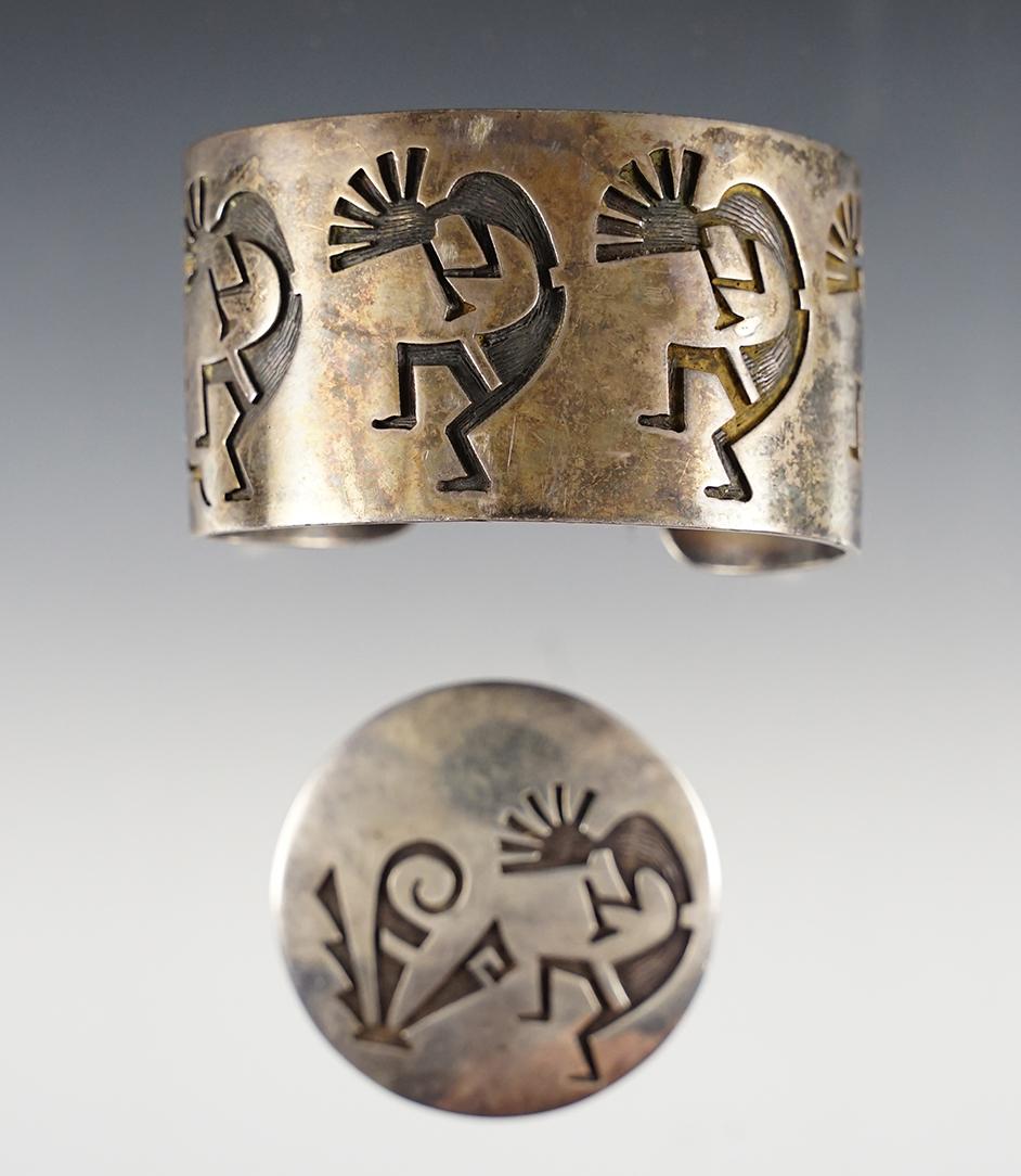 Nice Vintage pair of Hopi Kokopelli Wrist Cuff and Pendant/Pin. Bracelet is 2 1/2" wide.