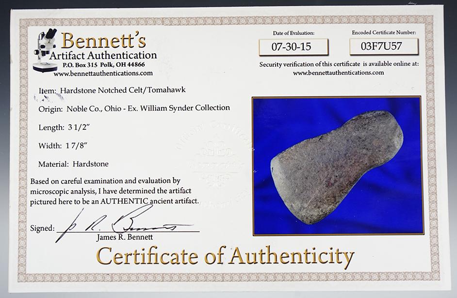 3 1/2" Hardstone Notched Celt found in Noble Co., Ohio. Ex. William Snyder. Bennett COA.