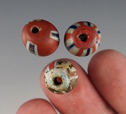 Set of 3 rare Polychrome Beads, largest is 1/2". White Springs Site in Geneva, New York.