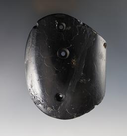 3 3/4" Cannel Coal Gorget with 3 holes that is anciently salvage - Hopkins Co., Kentucky.