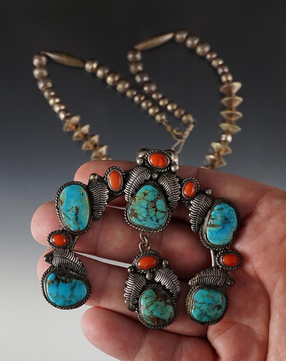 Vintage Squash Blossom Necklace and Earring Set with beautiful turquoise and red stone.