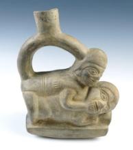 6" wide x 7 1/4" tall Pre-Columbian Erotic Moche Stirrup Bottle -  S. America.