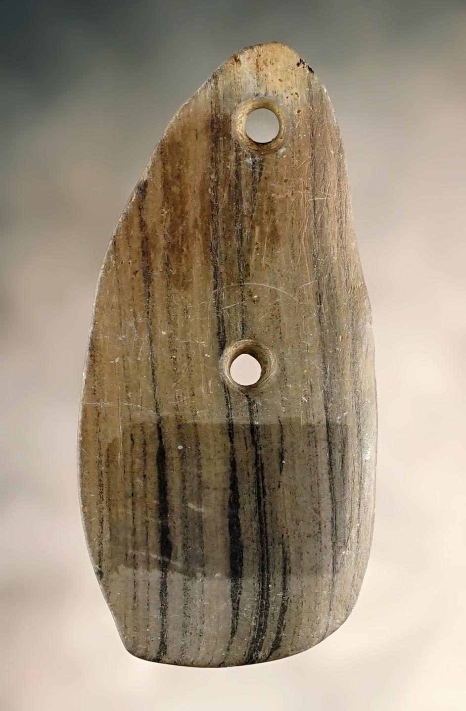2 1/2"  2-Hole Pendant made from Banded Slate. Found  in Auglaize Twp., Allen Co., Ohio.