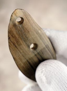 2 1/2"  2-Hole Pendant made from Banded Slate. Found  in Auglaize Twp., Allen Co., Ohio.