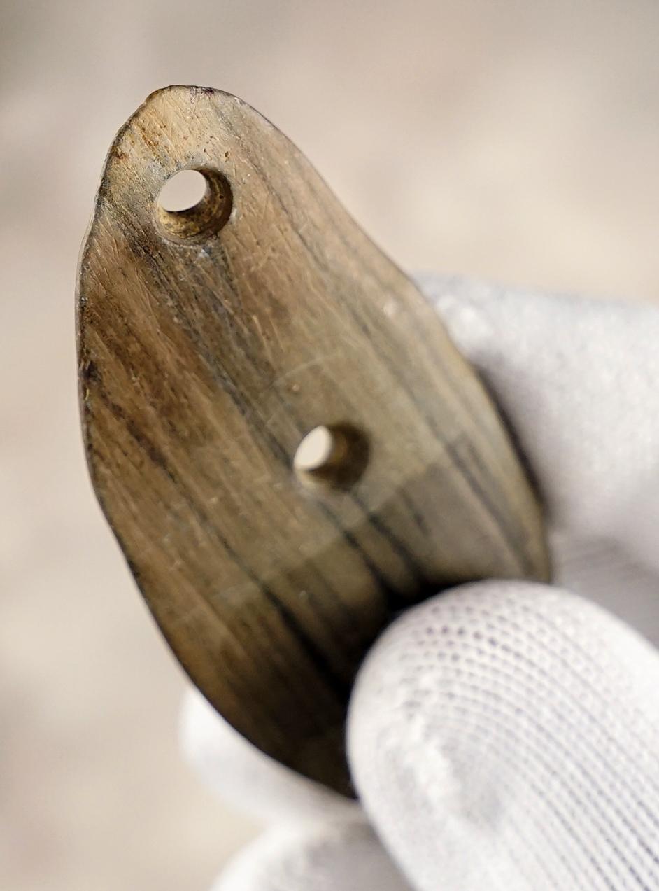 2 1/2"  2-Hole Pendant made from Banded Slate. Found  in Auglaize Twp., Allen Co., Ohio.