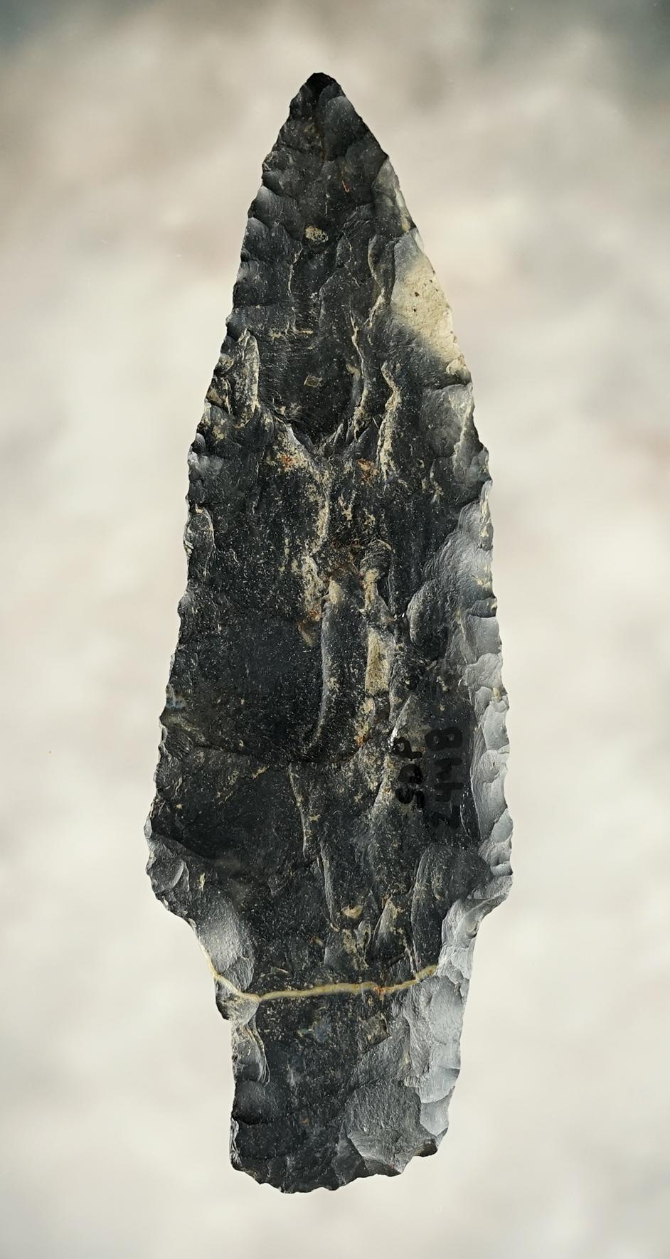 4 1/2" Stemmed Knife made from Coshocton Flint. Found in Hardin Co., Ohio. "Lightning Lines."