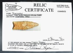 Fine 2 7/8" Plainview made from Chert. Excellent ancient grinding. Arkansas.  Rogers COA.