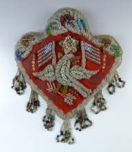 10 1/4" x  13 1/2"  Iroquois Beaded Heart Pincushion with  American Flags and a bird.