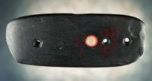 6 1/2" Cannel Coal Three Hole Gorget found in Hardin Co., Ohio by C.W. Schmidt  in 1879.