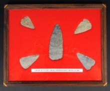 Framed Cache of 5 Hopewell Flint Ridge Flint Blades found in Wood Co., West Virginia. Ex. Lutz.