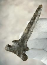 3 1/4" Wide Base Side Notch Drill made from Coshocton Flint. Found in Seneca Co., Ohio.
