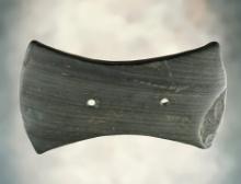 4" Adena Biconcave Gorget made from Banded Slate. Found in Ingham Co., Michigan. Nice example.