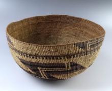 Nicely made 7" diameter Hupa Woven Basket Hat. Recovered in California. One area of separation.
