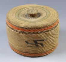 Finely woven 2 1/2" tall by 3 15/16" wide Northwest Coast Lidded Basket.