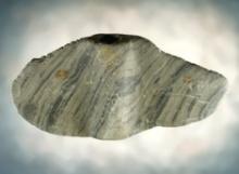 5"  Wing Bannerstone with worn tally marks. Made from Banded Slate in the Ohio area.