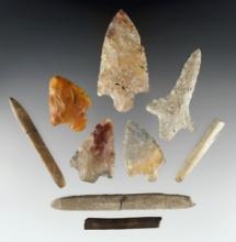 Set of 9 assorted Florida relics all found on the same site. Includes 5 Flint artifacts and 4 Bone.