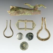 Set of 7 assorted pieces including 2 Jews Harps, 3 Buttons, 1 Powder Spout and a Buckle.