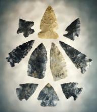 Set of 10 assorted arrowheads found in Summit Co., Ohio. Ex. Thursby collection. Largest is 2".