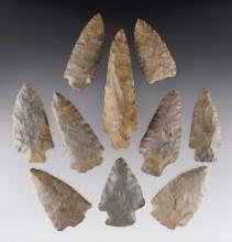 Set of 10 assorted points found in Limestone Co., Alabama. The largest is 3 9/16".