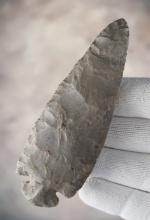 4 1/4" Dovetail made from well patinated Hornstone. Found in the Indiana area. Restored break.