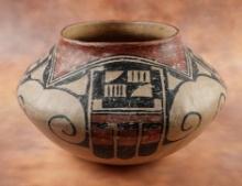 9 1/4" diameter by 6" tall Hopi Style Bowl recovered in Arizona. Exterior is hand painted.