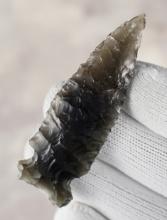 2 5/8" Northern Side Notch made from patinated Obsidian. Found in Lake Co., Oregon. Ex. Hough.