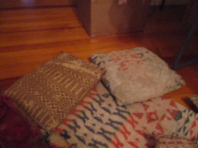 Box of Vintage Pillows Made from Jacquard Tapestry, Tapestry Table Cloth, etc.