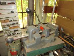 Drill Press and Contents of Work Table-Drill Press, Bits, Press Vice, Crow Bar, etc.