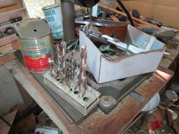 Drill Press and Contents of Work Table-Drill Press, Bits, Press Vice, Crow Bar, etc.