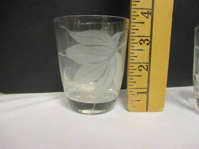 Clear Glass Center Piece Plate and Nine Glasses with Etched Leaf Design