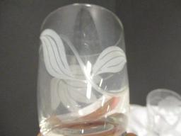 Clear Glass Center Piece Plate and Nine Glasses with Etched Leaf Design