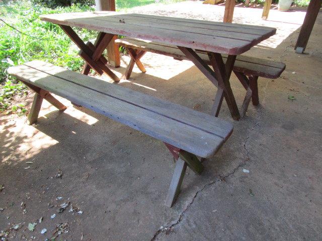 Wooden Picnic Table with Two Benches