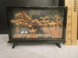 Oriental Urn, Cork Sculpture Screen and Scene, Zinnias Plate, Hand Fan
