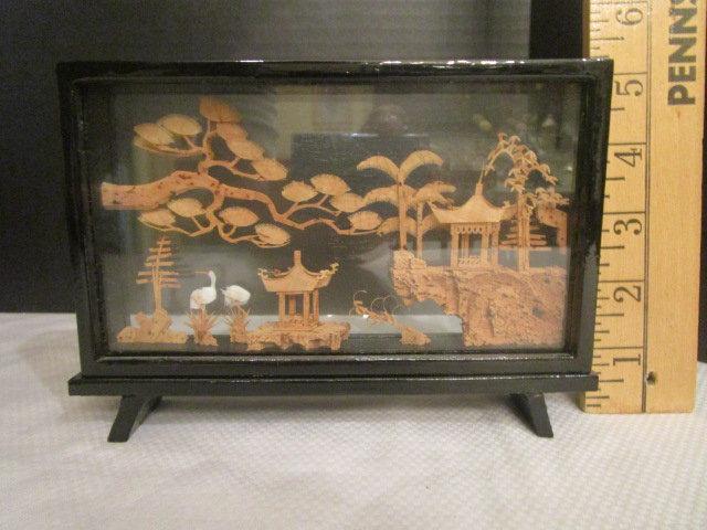 Oriental Urn, Cork Sculpture Screen and Scene, Zinnias Plate, Hand Fan