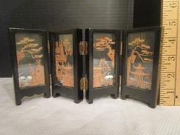 Oriental Urn, Cork Sculpture Screen and Scene, Zinnias Plate, Hand Fan