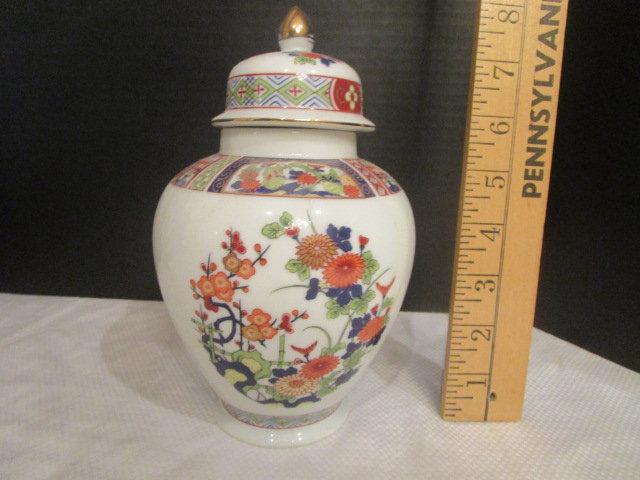 Oriental Urn, Cork Sculpture Screen and Scene, Zinnias Plate, Hand Fan