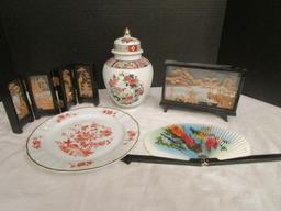 Oriental Urn, Cork Sculpture Screen and Scene, Zinnias Plate, Hand Fan
