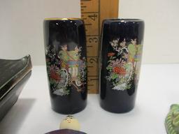 Oriental Figurines, Hand Fan, Vases and Trinket Boxes