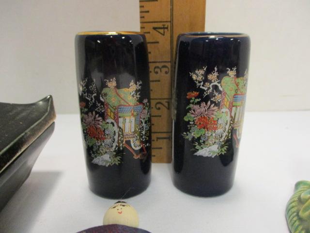 Oriental Figurines, Hand Fan, Vases and Trinket Boxes