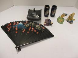 Oriental Figurines, Hand Fan, Vases and Trinket Boxes