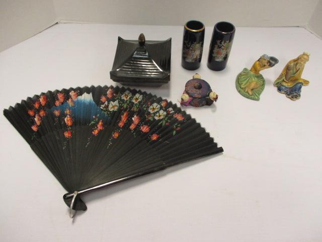 Oriental Figurines, Hand Fan, Vases and Trinket Boxes