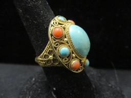 Sterling Silver Vermeil Turquoise & Coral Ring- Adjustable Size