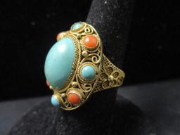 Sterling Silver Vermeil Turquoise & Coral Ring- Adjustable Size