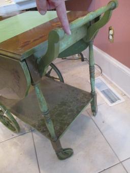 Vintage  Green Lacquered Drop Leaf Tea Cart with Oriental Motifs