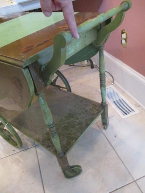 Vintage  Green Lacquered Drop Leaf Tea Cart with Oriental Motifs