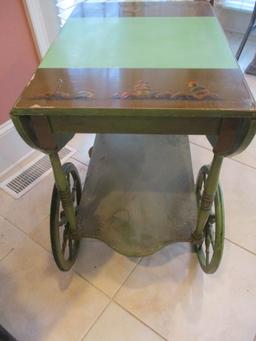 Vintage  Green Lacquered Drop Leaf Tea Cart with Oriental Motifs